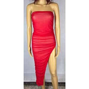 Fashion Nova Asymmetrical Dress Women‎ XS Red Ruched Strapless Sexy Club